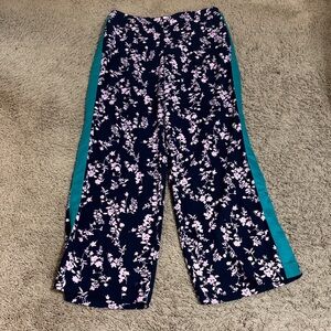 H&M Navy Floral Print Wide Leg Trouser Pants Teal Stripe Women size 10 Office